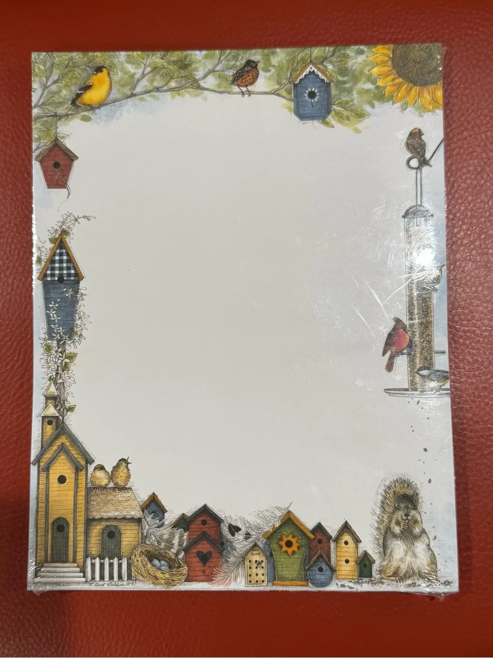 Birdhouse & Sunflower Stationery Set - White with Yellow, Green, Red Accents